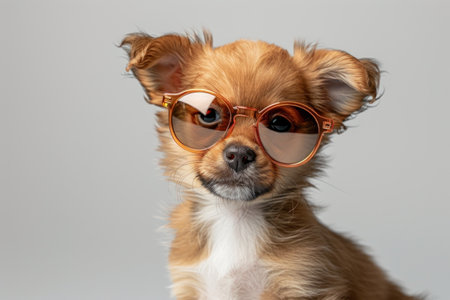 Stylish puppy wearing trendy glasses against a neutral background, exuding confidenceの素材