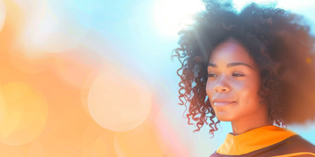 Radiant Young African American Woman Enjoying Sunlightの素材