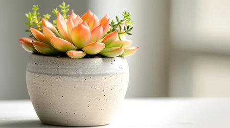 Vibrant Orange Succulent in a Rustic Ceramic Pot on a Blurred Backgroundの素材