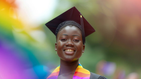 Jubilant African American Graduate Celebrating with Colorful Backgroundの素材