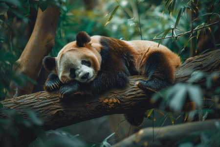 A serene giant panda lounging on a tree branch amid lush bambooの素材