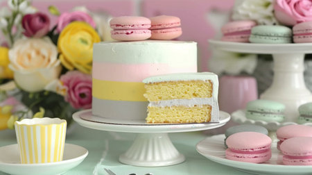 Elegant Pastel Layered Cake with Macarons and Flowers on a Festive Tableの素材
