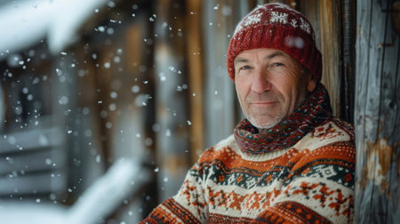 Mature Man in Winter Attire Standing by a Snowy Cabin in Ugly Sweaterの素材