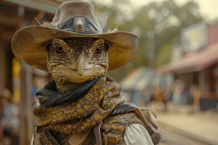 An owl wearing a cowboy hat and scarfの素材