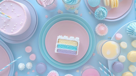 Pastel Birthday Party Table Setup with Cake, Macarons, and Drinks on Blue Backgroundの素材