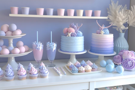 Elegant Pastel Blue and Purple Dessert Table Setup for Birthday Partyの素材