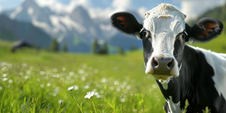 A curious cow in a lush meadow with majestic mountains in the backgroundの素材