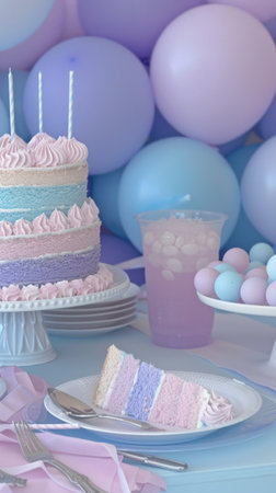 Pastel Blue and Pink Birthday Celebration with Layered Cake, Balloons, and Sweetsの素材