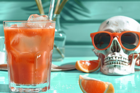 Tropical Orange Cocktail with Ice beside Fashionable Skull Wearing Sunglasses on Turquoise Backgroundの素材