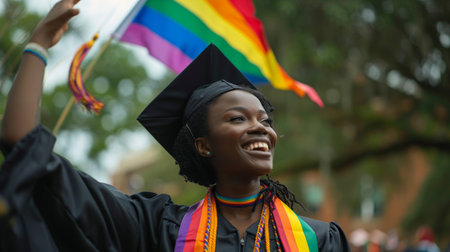 Radiant Graduate Celebrating with Colorful Abstract Rainbow Backgroundの素材