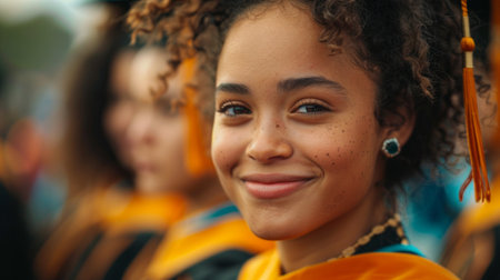 Smiling Young Woman in Graduation Cap and Gown Among Fellow Graduates on Blurred Backgroundの素材