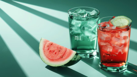 Refreshing Summer Drinks: Iced Watermelon Juice and Mint-Infused Water on Green Backgroundの素材