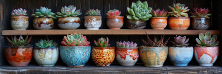 Colorful Succulents in Decorative Ceramic Pots on Wooden Shelfの素材