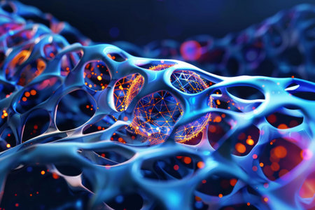 Blue organic honeycomb structure with glowing orbs, nanotechnology backgroundの素材