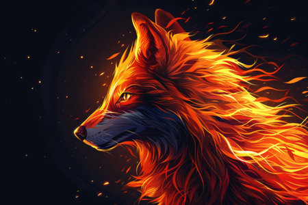 A close up of a wolfs head with fire coming out of it, a magical creature made of fireの素材