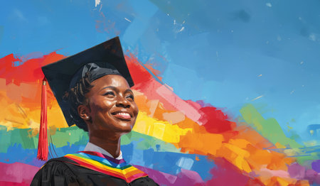 Radiant African American Female Graduate Celebrating Success at Rainbow Graduation Event, Copy-spaceの素材