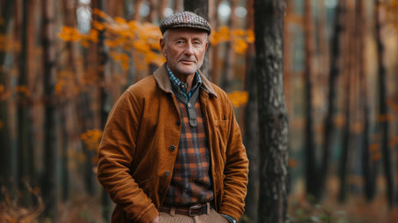 Senior Man in Colorful Sweater Enjoying Autumn Forest Ambience, Eclectic Grandpa Aestheticの素材