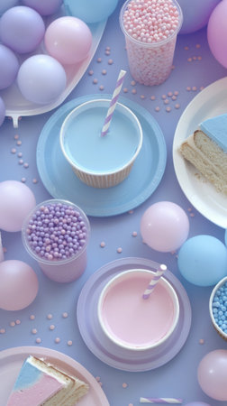 Pastel Themed Party Celebration with Balloons, Drinks, and Desserts on a Tableの素材