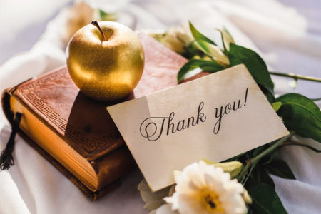 Antique Book and Fresh Red Apple on a Textured Concrete Surface, Graduation present for Teacher with Thank You noteの素材