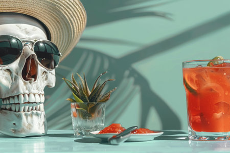 Skeleton Wearing Sunglasses with Tropical Drink and Snacks on Sunny Dayの素材