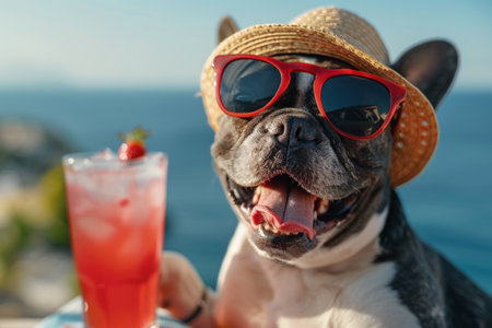 French Bulldog Enjoying a Sunny Day with Strawberry Drink and Sunglasses by the Oceanの素材