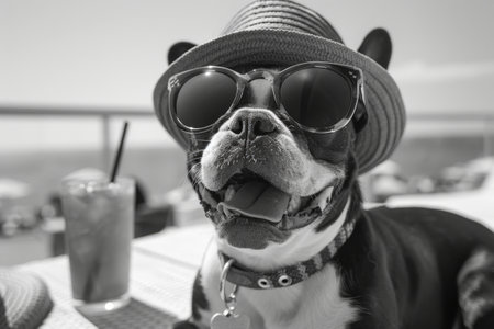 Stylish French Bulldog Wearing Sunglasses and Hat at Sunny Beachside Cafeの素材