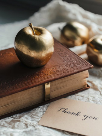 Antique Book and Fresh Red Apple on a Textured Concrete Surface, Graduation present for Teacher with Thank You noteの素材