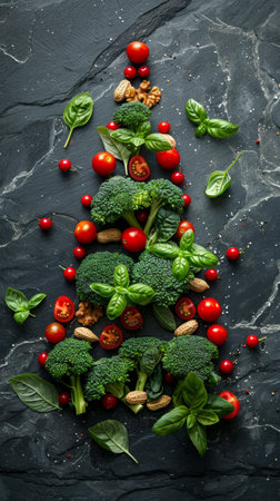 Fresh vegetables and nuts arranged in a Christmas tree shape on a dark slate backgroundの素材
