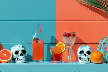 Skulls with Tropical Drinks and Snacks on Sunny Dayの素材