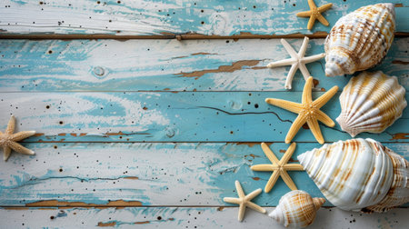 Seashells and Starfish on Weathered Blue Wooden Background, Coastal Summer Themeの素材