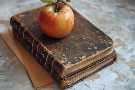 Antique Book and Fresh Red Apple on a Textured Concrete Surface, Graduation present for Teacherの素材