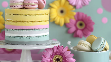 Colorful Macaron and Layer Cake Display with Vibrant Spring Flowers on Pastel Backgroundの素材