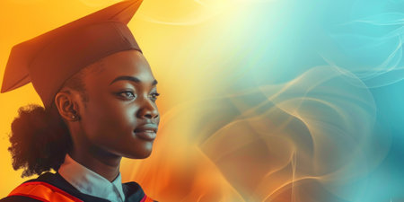 Radiant African-American Female Graduate in Cap and Gown at Sunsetの素材