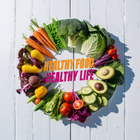 Healthy Food, Healthy Life - Fresh Vegetables and Fruits Arranged in a Circle on a Wooden Backgroundの素材