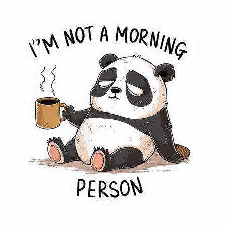 Sleepy Panda Holding Coffee Mug with Text I am Not a Morning Personの素材