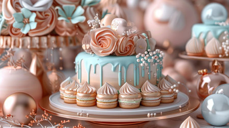 Elegant Pastel Blue and Peach Dessert Table with Cakes and Cupcakes for Special Occasionsの素材