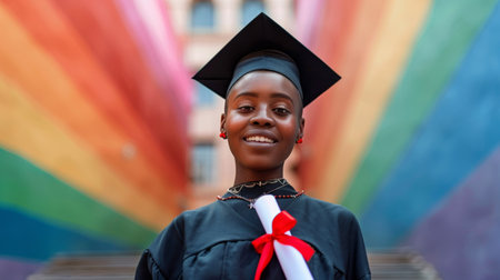 Radiant Graduate Celebrating with Colorful Abstract Rainbow Backgroundの素材