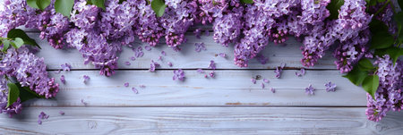 Lush Lilac Blooms Cascade on Rustic Wooden Background in Serene Floral Displayの素材