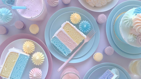 Pastel Colored Dessert Table with Cake Slices, Meringues, and Milkshake for Stylish Partyの素材