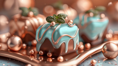 Elegant Turquoise and Copper Desserts with Pearls and Mint Embellishmentsの素材