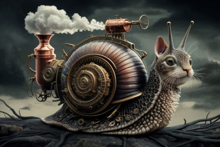Steampunk Fantasy Scene with Cat Riding Mechanical Snail in Industrial Cityscapeの素材