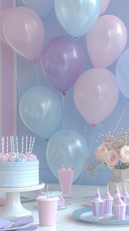 Pastel Birthday Party Setup with Balloons, Birthday Cake, and Decorations in Soft Lightの素材