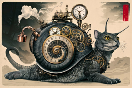 Steampunk Cat with Clockwork Elements and Mechanical Gears in an Artistic Illustrationの素材