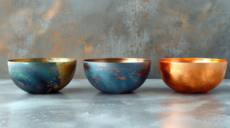 Unique Handcrafted Copper and Blue Patina Bowls on Textured Surfaceの素材
