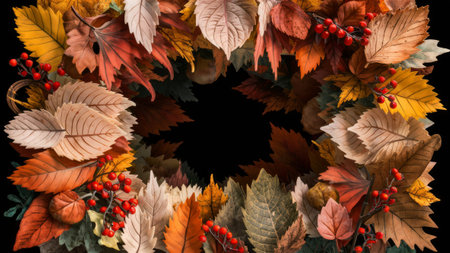 Seasonal Autumn Leaves and Berries Frame on Black Backgroundの素材