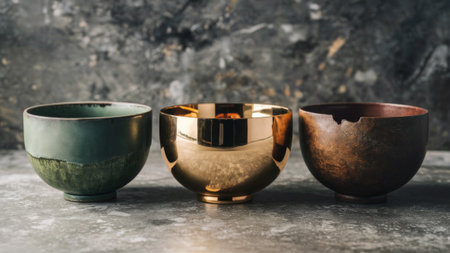 Elegant Ceramic and Metallic Bowls on Textured Surface: A Display of Contemporary Kitchenware Designの素材