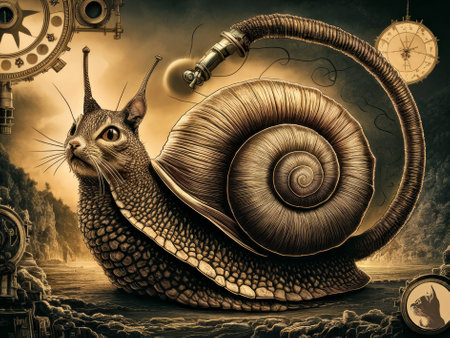 Surreal Illustration of Cat with Snail Shell in a Steampunk Fantasy Landscapeの素材