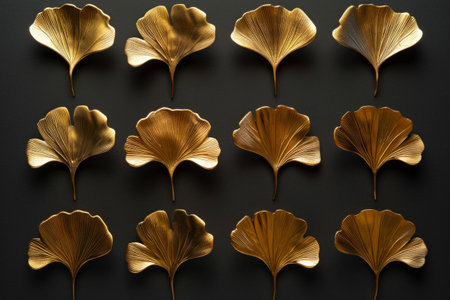 Elegant Golden Ginkgo Leaves on a Sleek Black Background - Luxurious Nature Inspired Artの素材