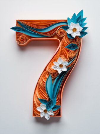 Quilled Number 7 Adorned with Orange and Blue Paper Flowers Paper Artの素材
