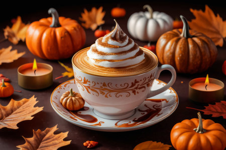 Autumn Pumpkin Spice Latte with Whipped Cream Surrounded by Fall Leaves and Mini Pumpkinsの素材